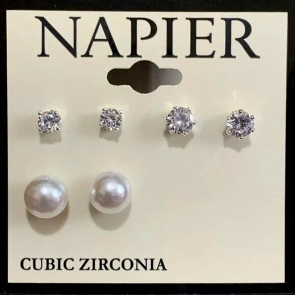 NAPIER 3pc SET Contemporary Silver Clear CZ Stone/White Pearl Stud Earrings**NEW - Picture 1 of 2